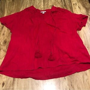 Knox Rose Red Eyelet Lace Short Sleeve Front Tie Tassels Shirt Top Size XL